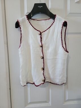 White Knit Sleeveless Button-Up Vest with Burgundy Trim
